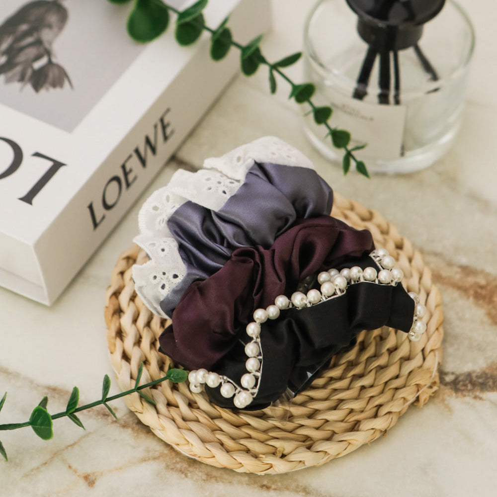 Fayre Silk Scrunchie In Lace & Pearl Set