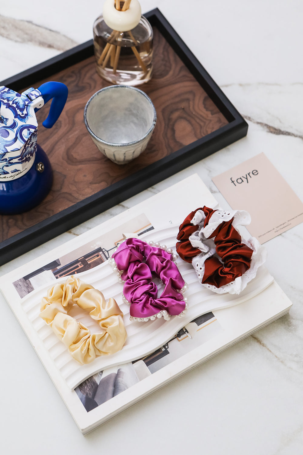 Fayre Silk Scrunchie In Lace & Pearl Set